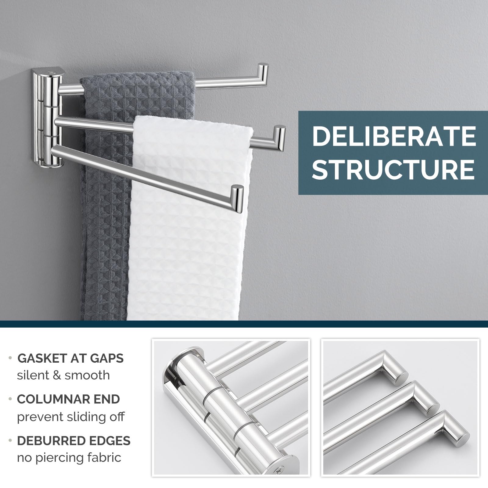 Angle Simple Swivel Hand Towel Rack 3 Bars Polished Chrome, 304 Stainless Steel Bathroom Towel Holder Wall Mount